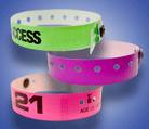 Our stock and custom plastic wristbands are waterproof, lightweight, and strong.