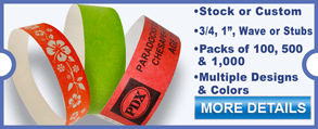 Our popular Tyvek wristbands come in a wide variety of colors, styles, preprinted themes, and can be customized as well.