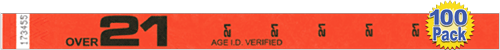 3/4" Premium Over 21 Tyvek Wristbands 100 Pack