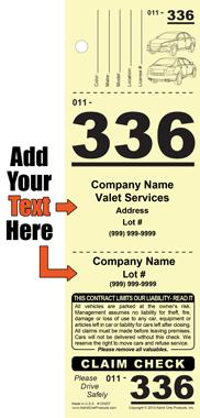 Vehicle Front 336 - 3 Part Custom Valet Ticket - Text Only