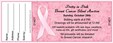 Breast Cancer Ribbon and Roses Full Color Raffle Ticket with Text