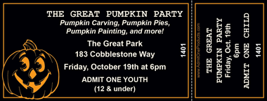 Jack O'Lantern 1 Medium Full Color Ticket with Text