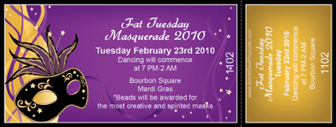 Mardi Gras Mask 2 Full Color Ticket with Text