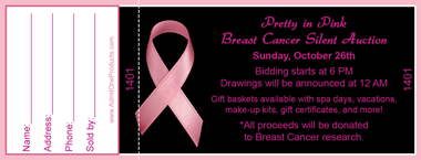 Pink Ribbon on Black Full Color Raffle Ticket with Text