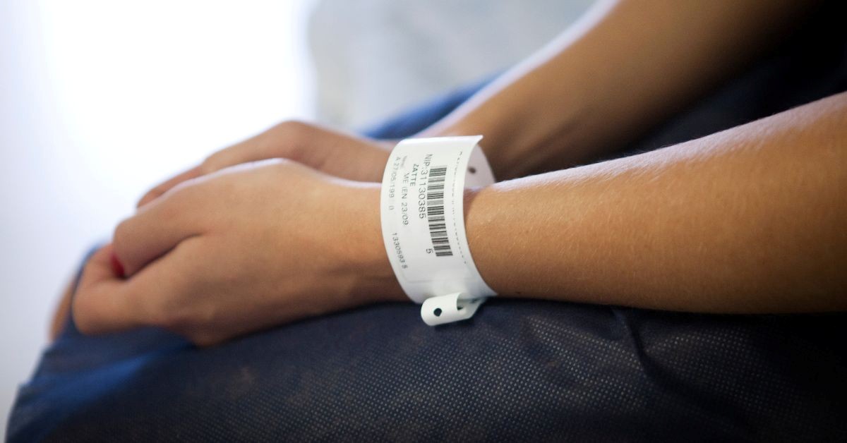 Close-up of a hospital patient wearing a barcode wristband