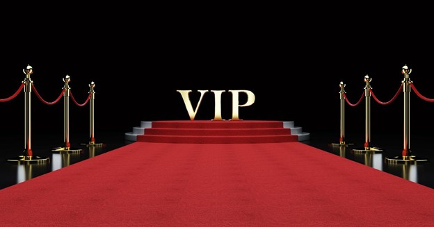 VIP red carpet with gold stanchions leading to a stage that reads VIP